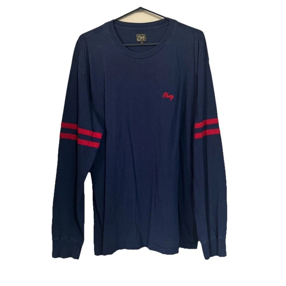Obey Faded XL Long‎ Sleeve T-Shirt Navy Blue w/ Red Stripes